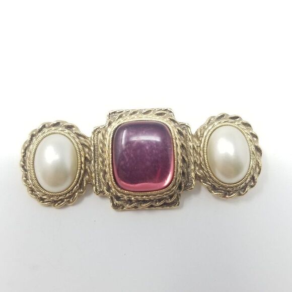 Vintage Faux Pearl and Purple Pink Cabochon 80s Bar Brooch Lapel Pin, Gold Tone - Picture 3 of 5